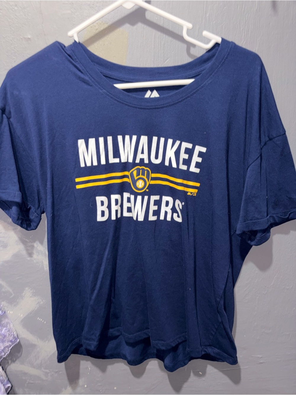 Majestic Navy Milwaukee Brewers Logo Tee with Yellow Accents